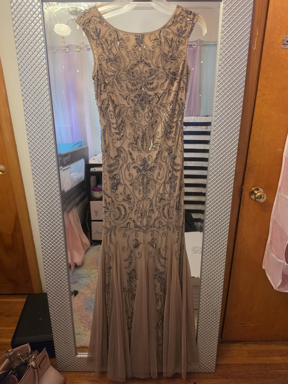 Adrianna Papell Taupe Beaded Embellished Maxi Gown